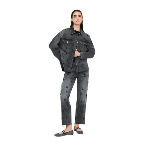 Jeans Donna straight con strass denim grigio modella frontale intera